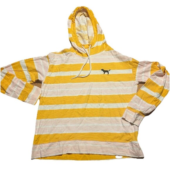 PINK Victoria’s Secret Striped S Hoodie Yellow White Pink Dog Logo Long Sleeve - Picture 1 of 6